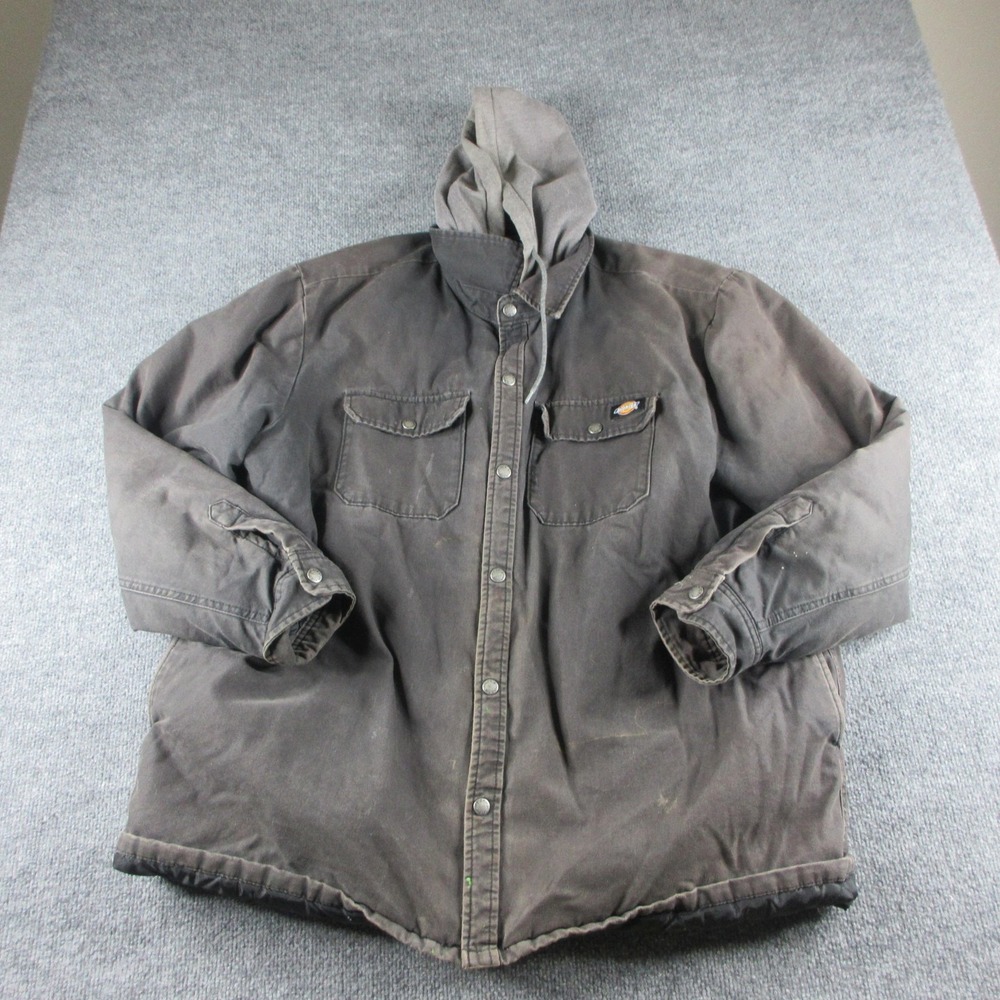 Dickies Jacket Mens‎ 2XL Brown Canvas Hooded Snap Front Quilted Lined Workwear